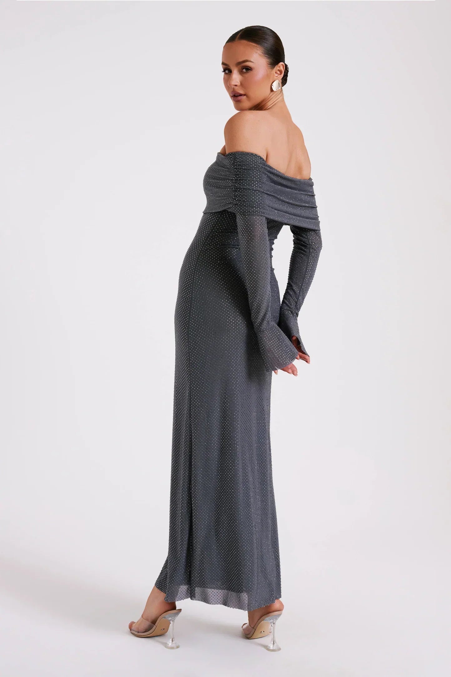 MAXI OFF SHOULDER GLITTER DRESS