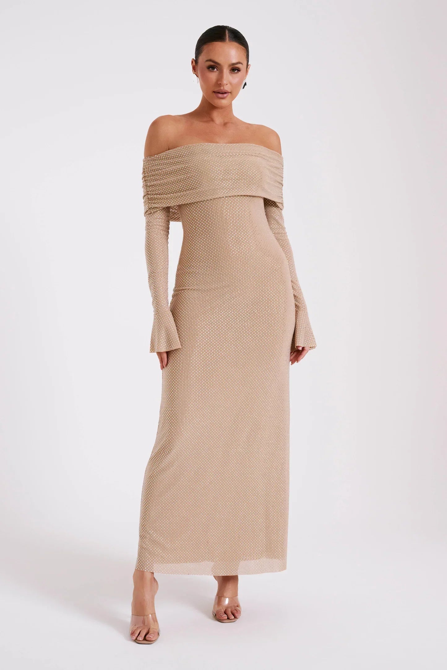 MAXI OFF SHOULDER GLITTER DRESS
