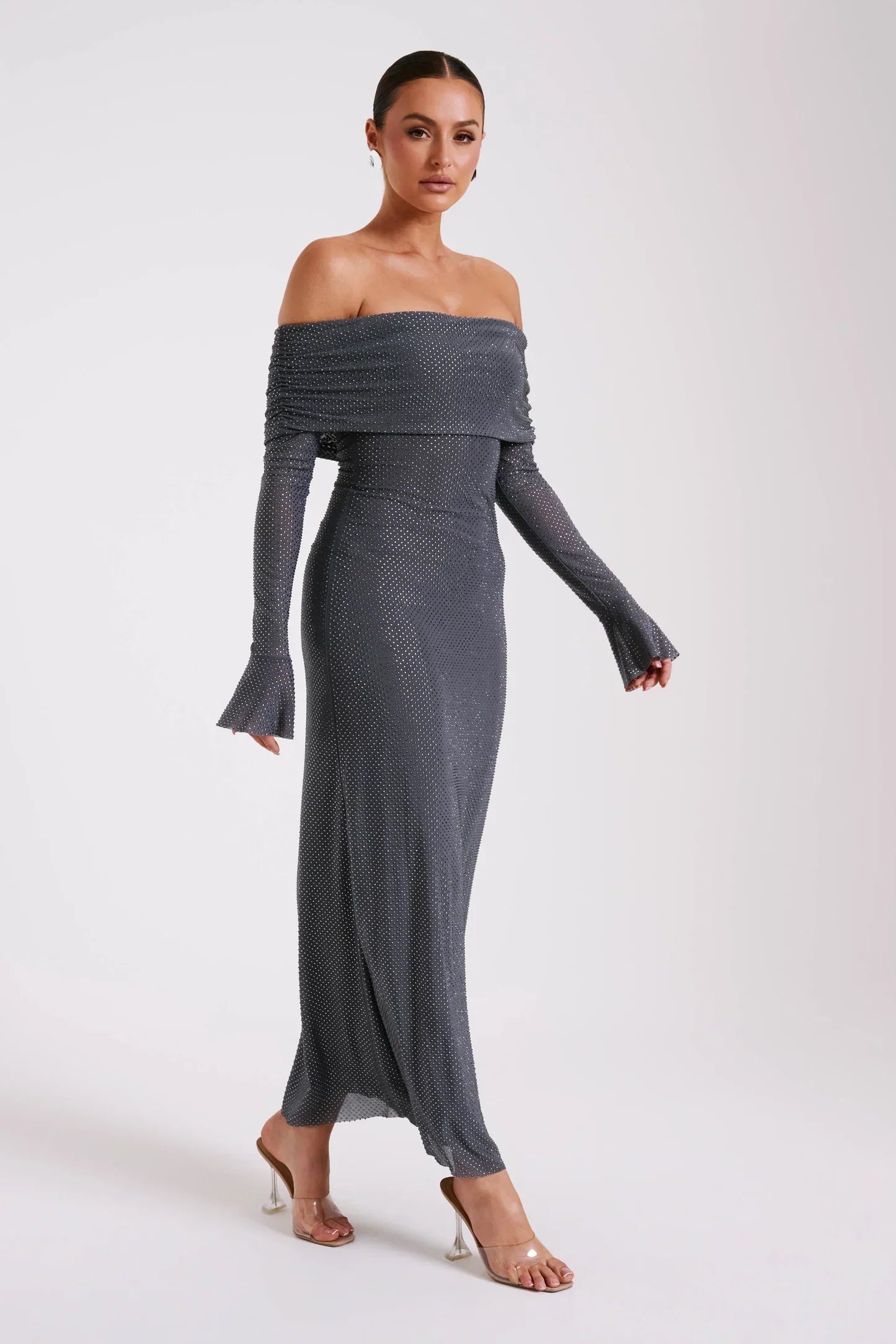 MAXI OFF SHOULDER GLITTER DRESS