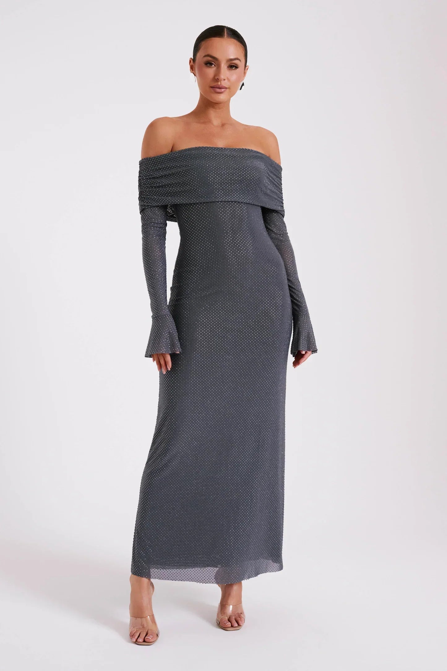 MAXI OFF SHOULDER GLITTER DRESS