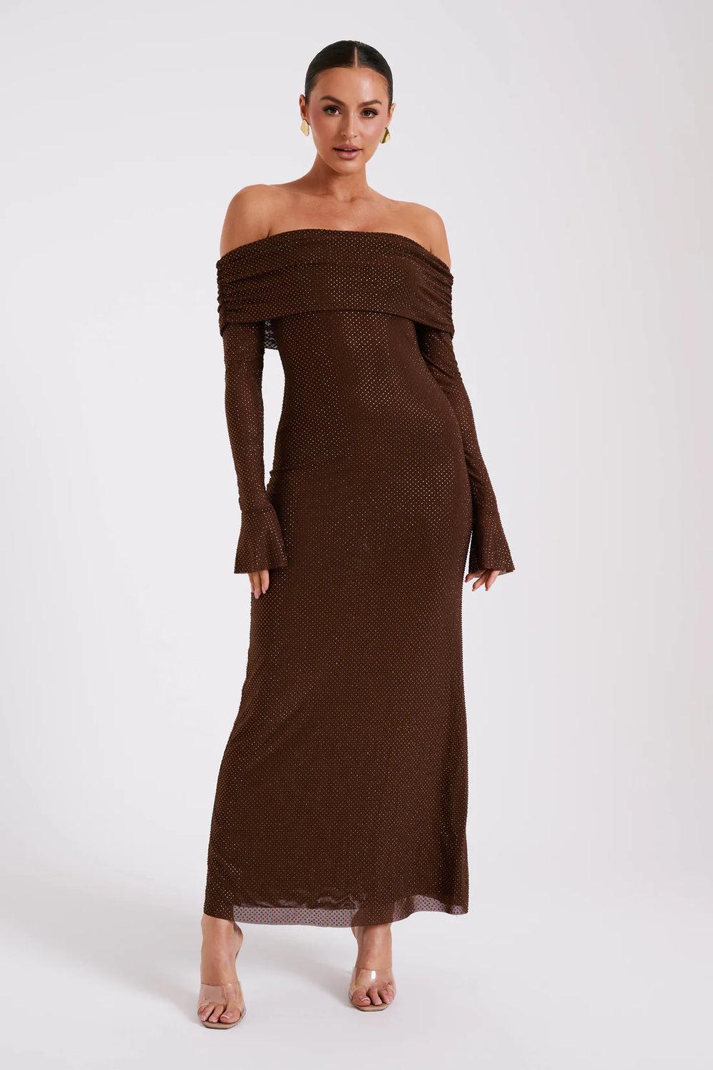 MAXI OFF SHOULDER GLITTER DRESS