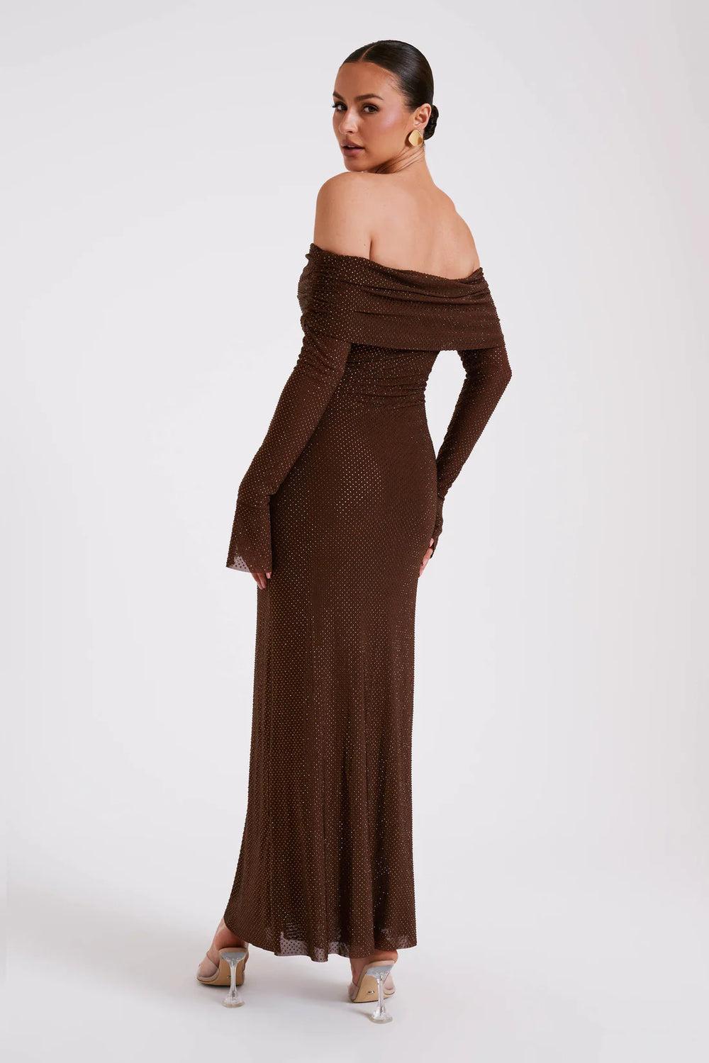 MAXI OFF SHOULDER GLITTER DRESS