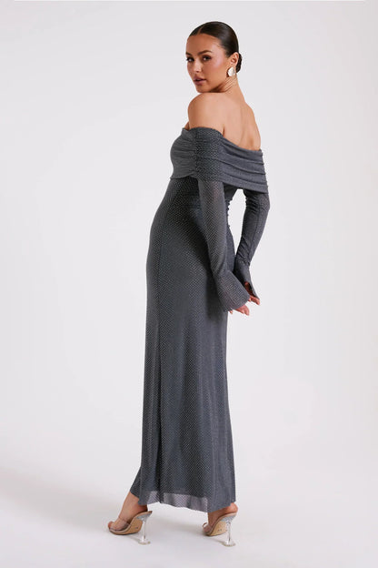 MAXI OFF SHOULDER GLITTER DRESS