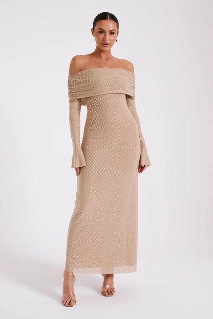 MAXI OFF SHOULDER GLITTER DRESS