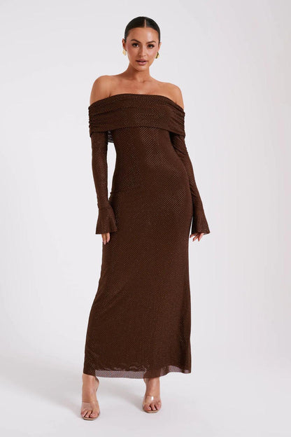 MAXI OFF SHOULDER GLITTER DRESS