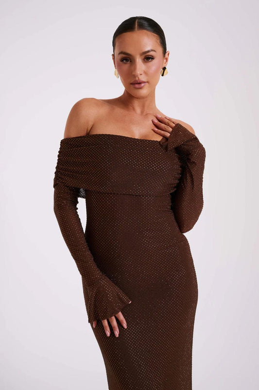 MAXI OFF SHOULDER GLITTER DRESS